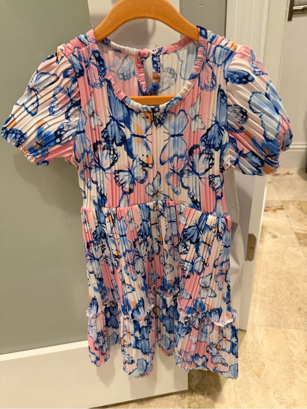 Girls Pink & Blue Butterfly Puff-Sleeve Dress